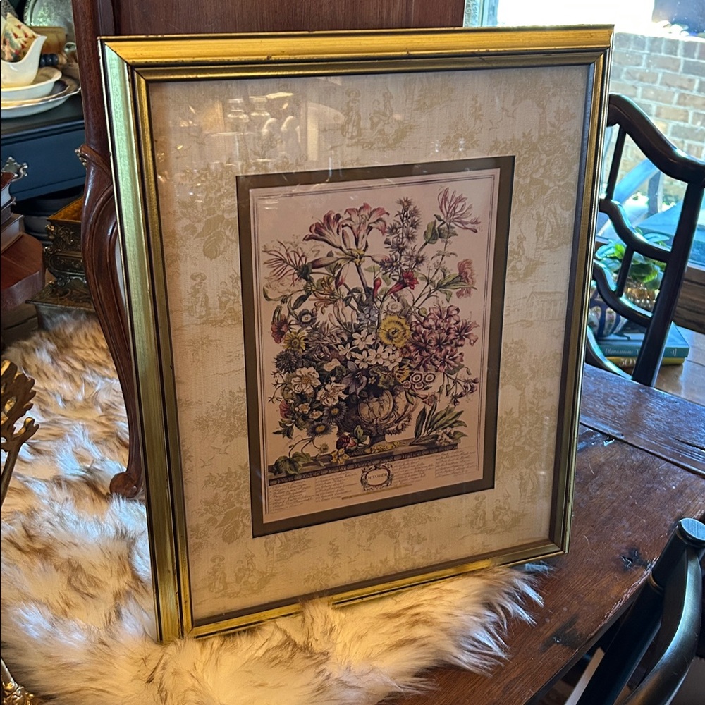 Robert Furber 12 Months of Flowers Botanical Etching October Matted and Framed